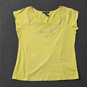 Lauren Ralph Lauren Yellow Lace V Neck Cap Sleeve Womens Blouse M